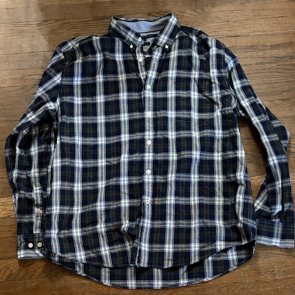 Tommy Hilfiger Navy, White & Green Plaid Button-Down Shirt